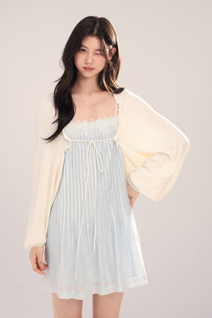 Suspender Dress with Lantern Sleeve Shawl Cardigan Set-Up