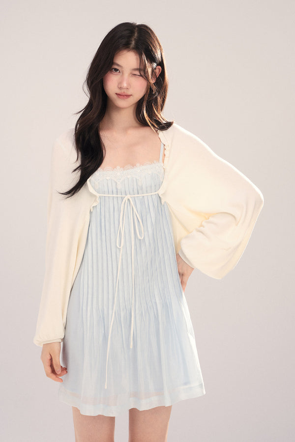 Suspender Dress with Lantern Sleeve Shawl Cardigan Set-Up
