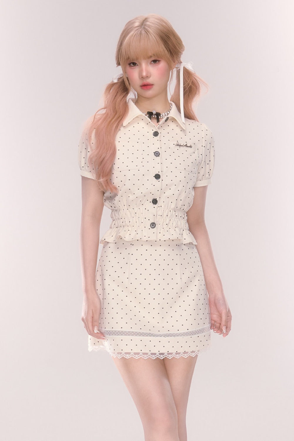 Polka Dot Babydoll Blouse Skirt Set-Up