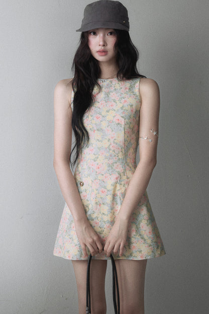 Pink Yellow Floral Sleeveless Vest Dress