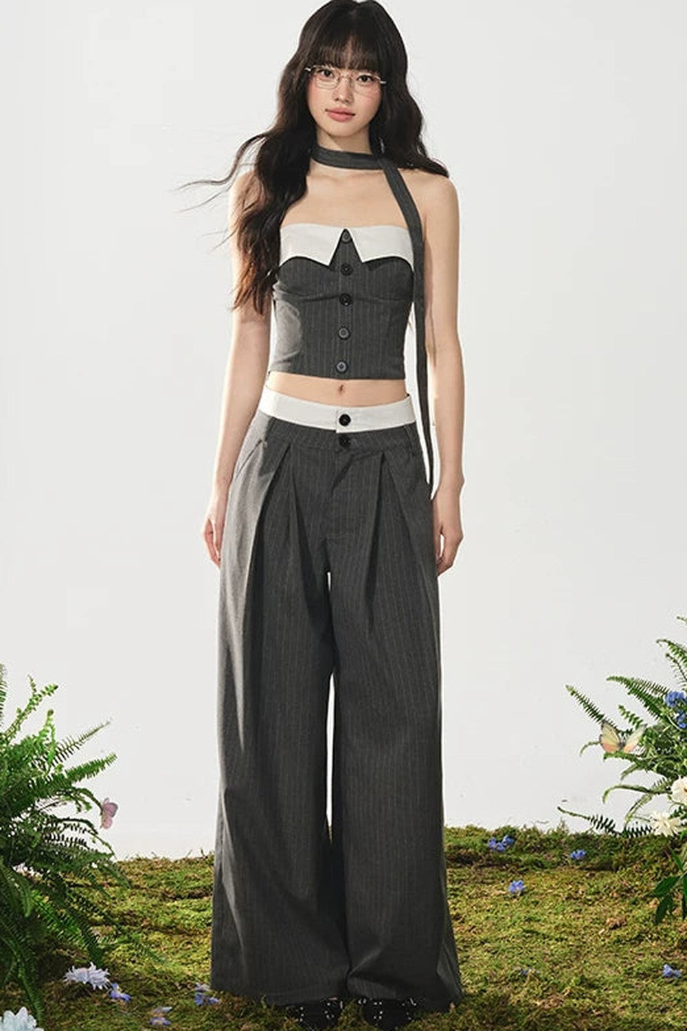 Color-Block Off-Shoulder Top Wide-Leg Pants Set