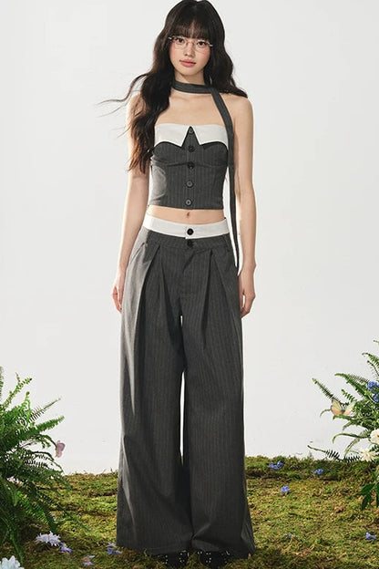 Color-Block Off-Shoulder Top Wide-Leg Pants Set