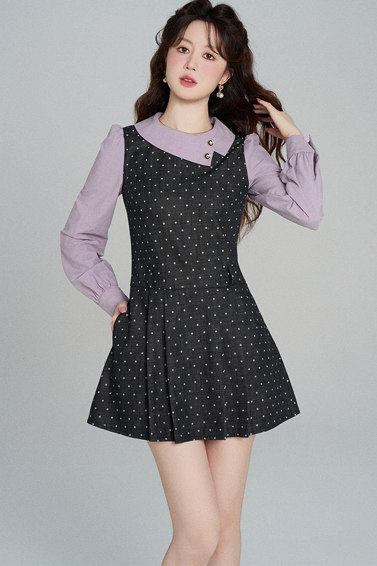 Black Purple Polka Dot Long Sleeve Dress