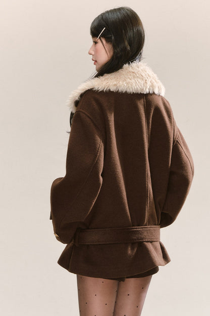 Classic Patchwork Fur Collar Woolen Coat