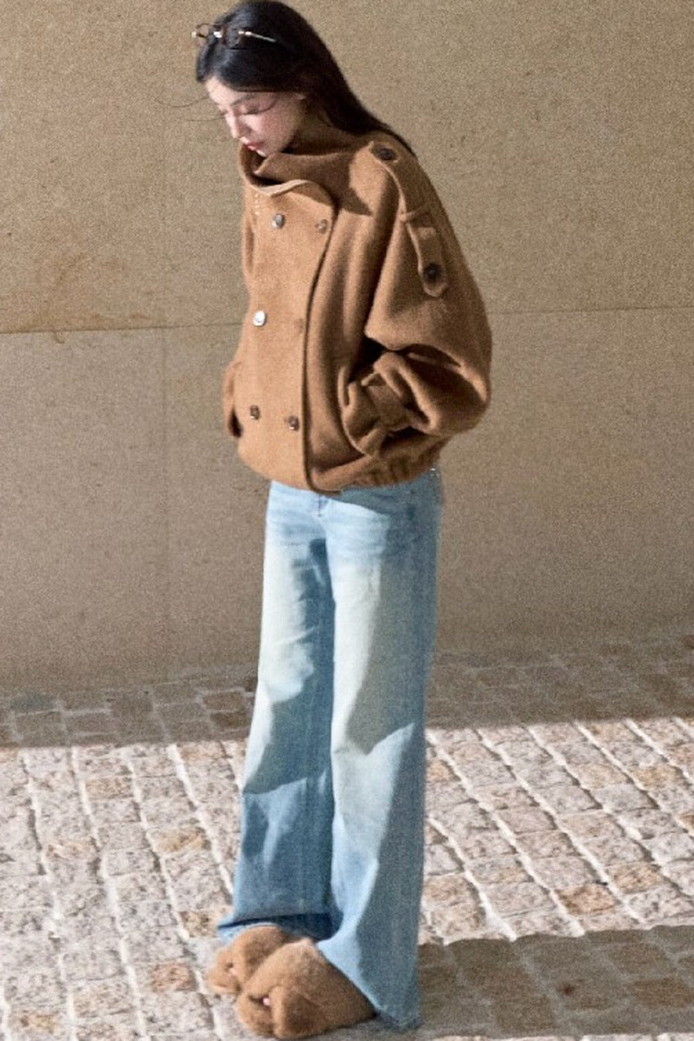 Jeans in denim lavato effetto vintage a gamba dritta