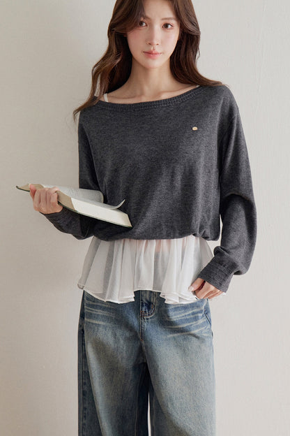 Wool Blend Mesh Patchwork Layered-Look Knit Top