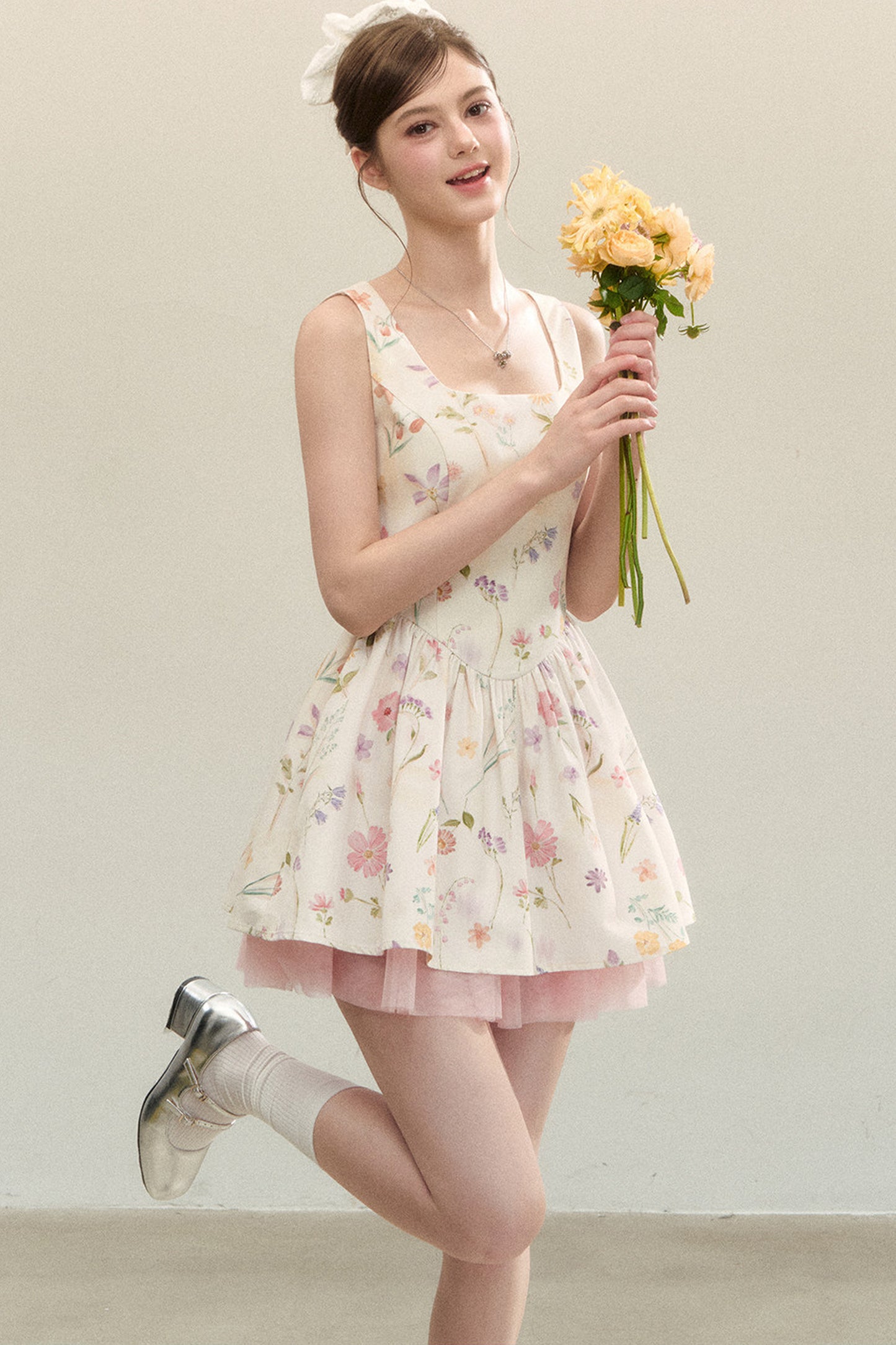 Floral Puffy Suspender Dress