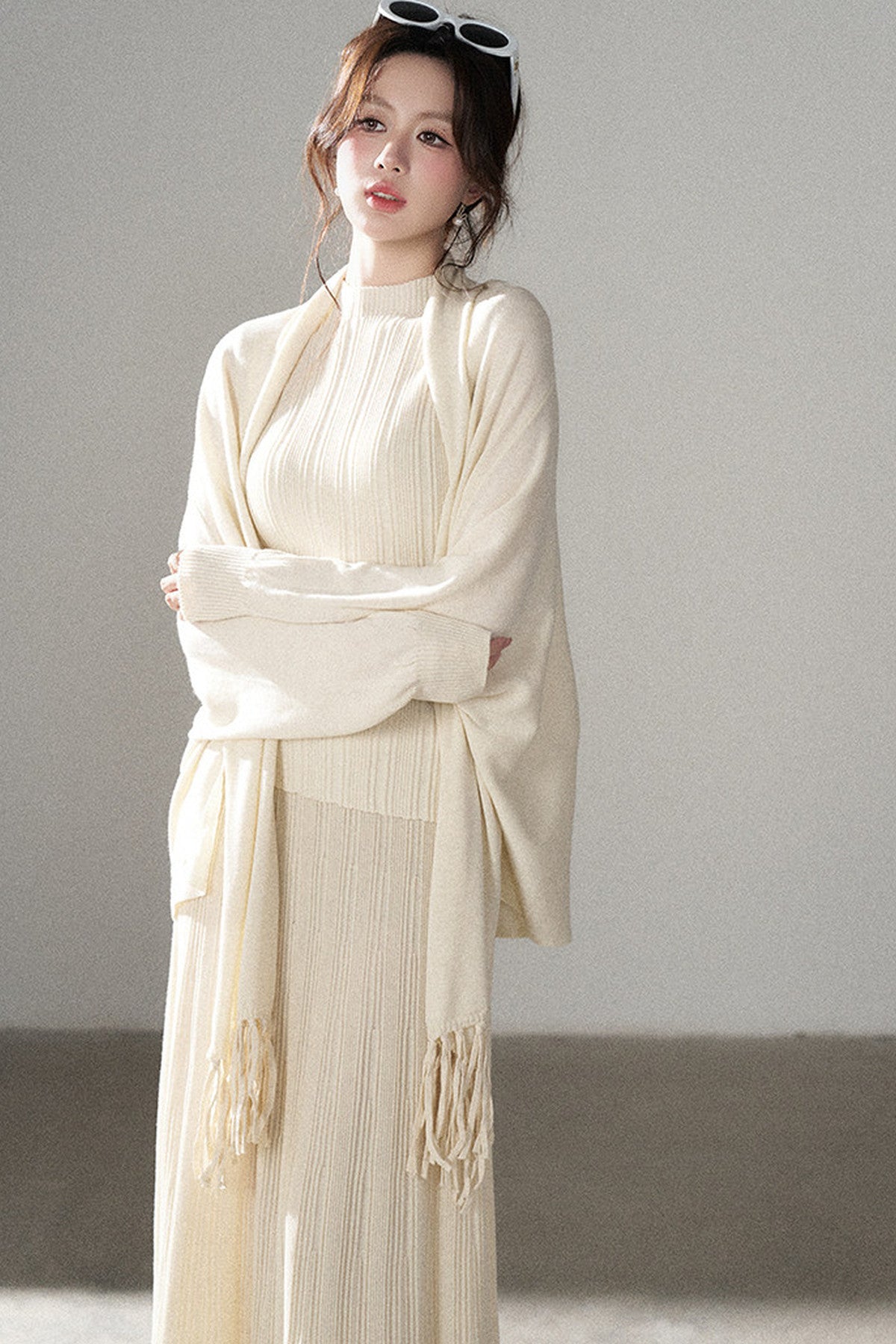 Turtleneck Sweater Long Skirt Shawl Cardigan Set