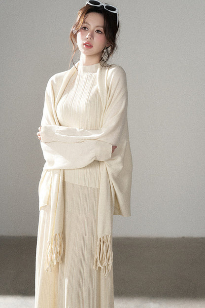 Turtleneck Sweater Long Skirt Shawl Cardigan Set