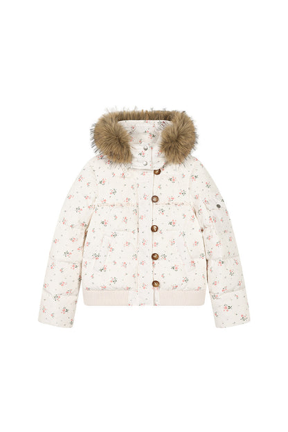Floral Fur Collar Hooded Toggle Jacket