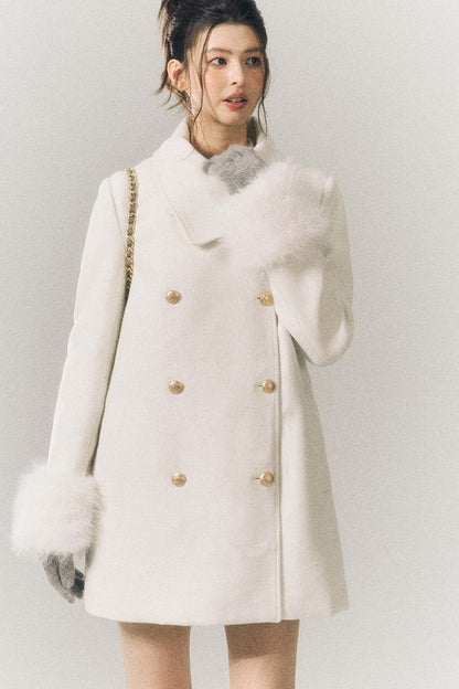 White Wool Detachable Fur Sleeve Coat