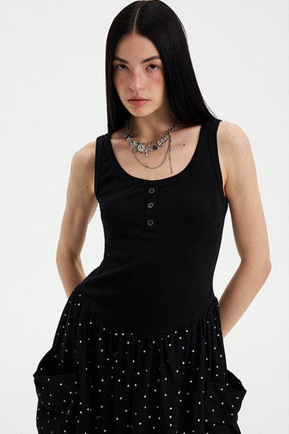 Vestido maxi evasé sin mangas de lunares