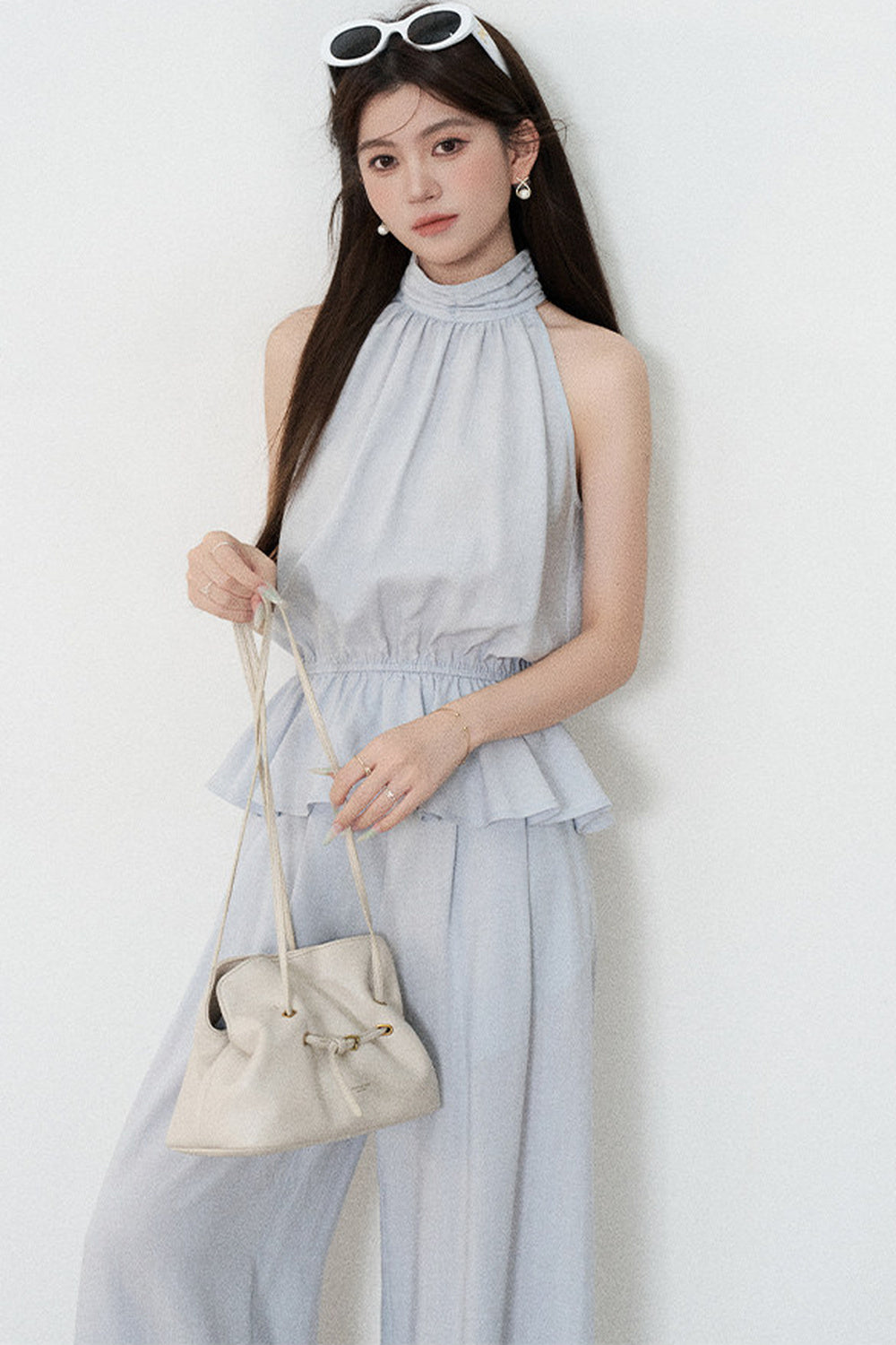 Blue Tencel Halter Shirt and Wide-Leg Pants Set