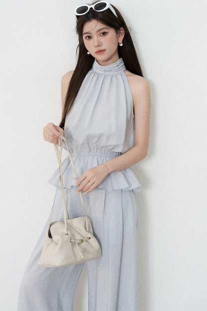 Blue Tencel Halter Shirt and Wide-Leg Pants Set