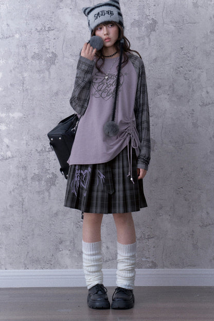 Gray-Purple Raglan Sleeve Printed Drawstring T-Shirt and Plaid Skirt Set