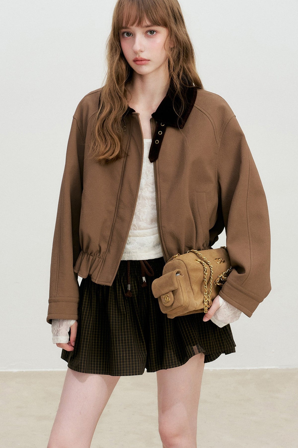 Short Color-Blocked PU Work Jacket
