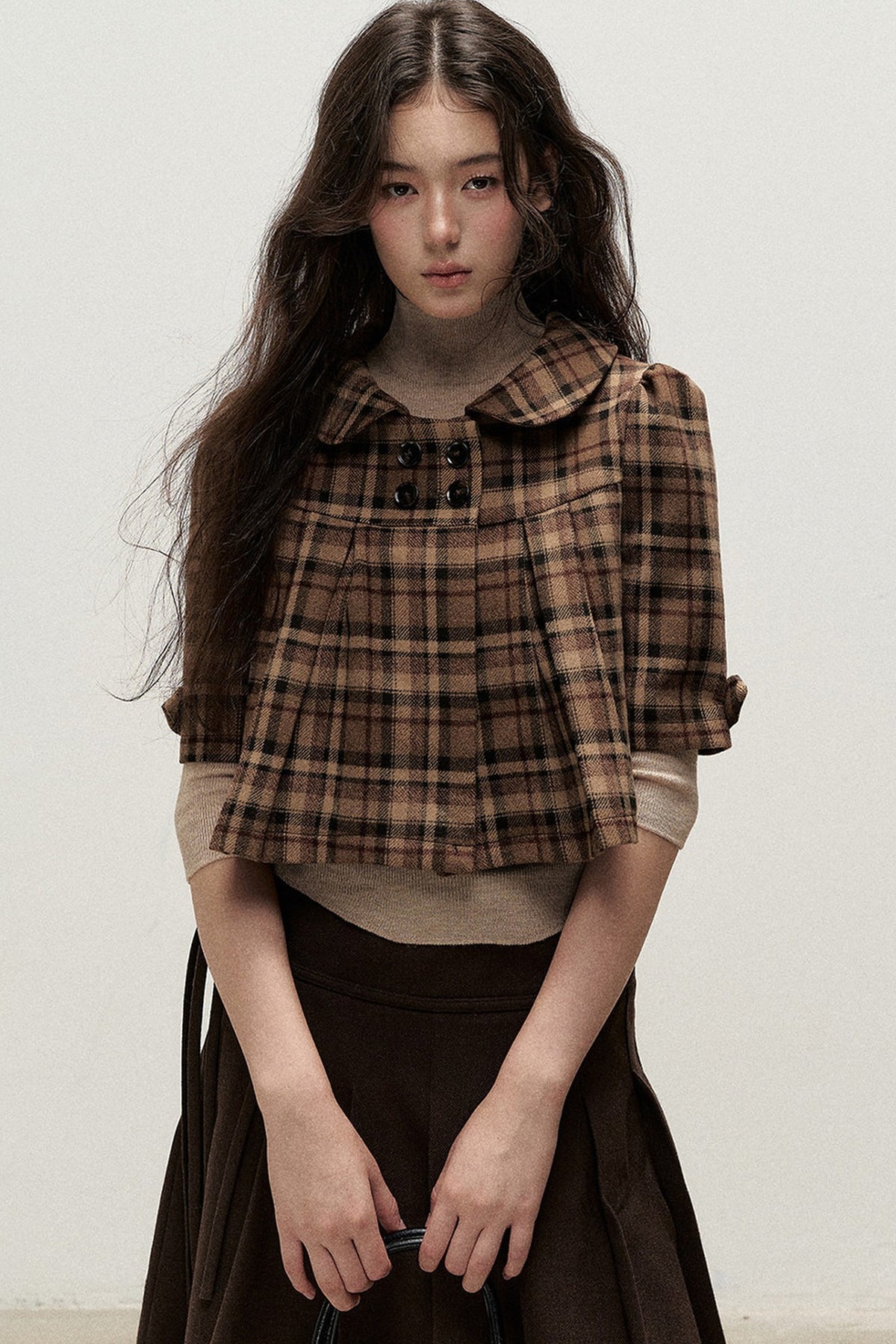 Vintage Woolen Pleated Mid-Sleeve Top