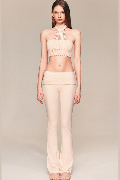 Pleated Tassel Halter Top and Flared Pants Set-Up