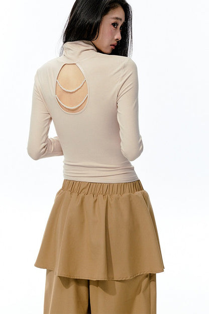 Large Hollow-Out Pearl Chain High-Neck Knit Top