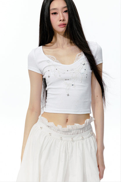 Pearl Rhinestone T-Shirt, Flower Bud Skirt and Pants Set-Up