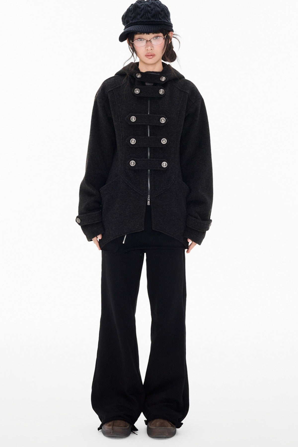 Woolen Hooded Irregular Hem Jacket