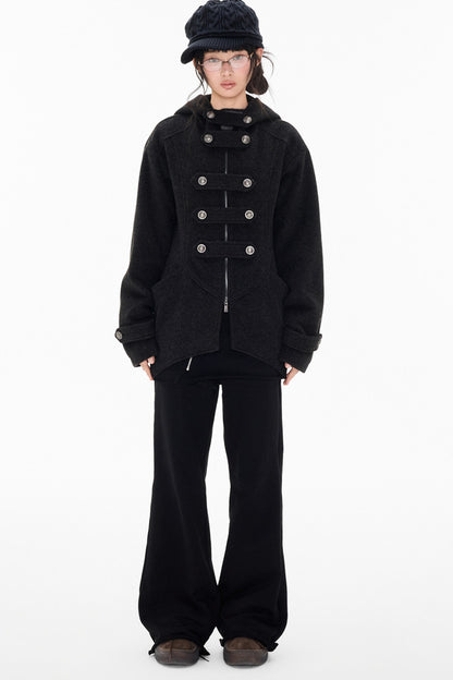 Woolen Hooded Irregular Hem Jacket
