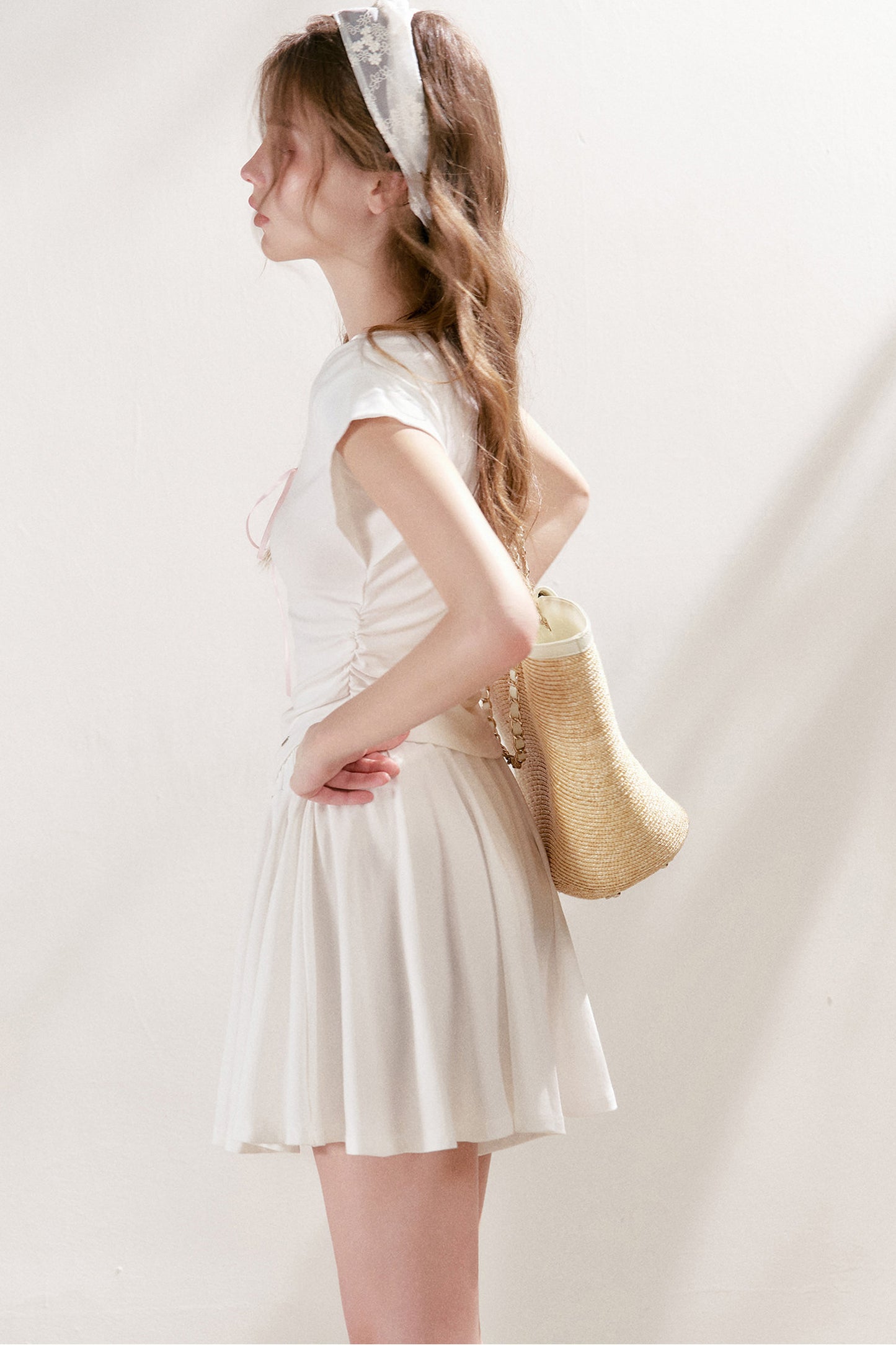 Lace Trim Tie-Up Top and High-Waisted Skirt Pants Set