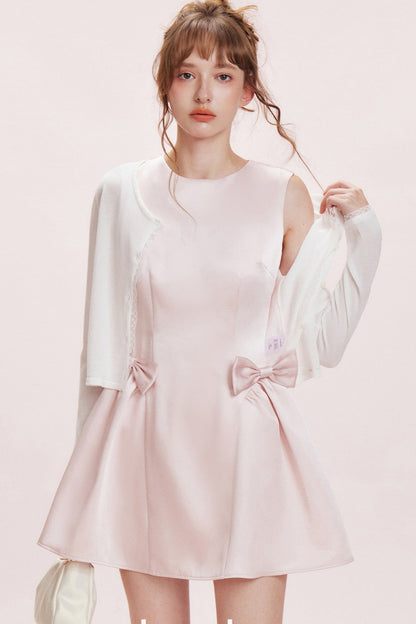 Double Bow Satin Vest Dress and Cardigan Set-Up