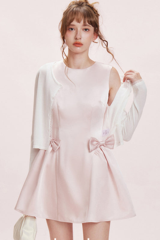 Double Bow Satin Vest Dress and Cardigan Set-Up