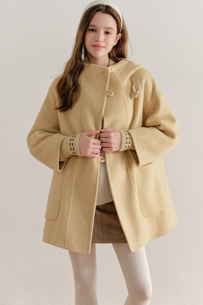 Hooded Horn Button Wool Coat