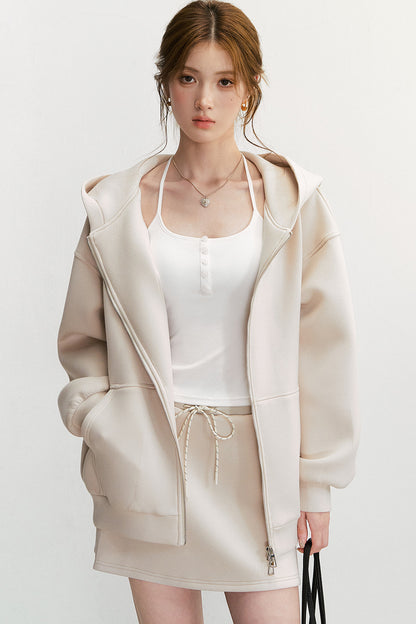 Long-Sleeved Oversized Hooded Sweatshirt Jacket And Skirt Set-Up