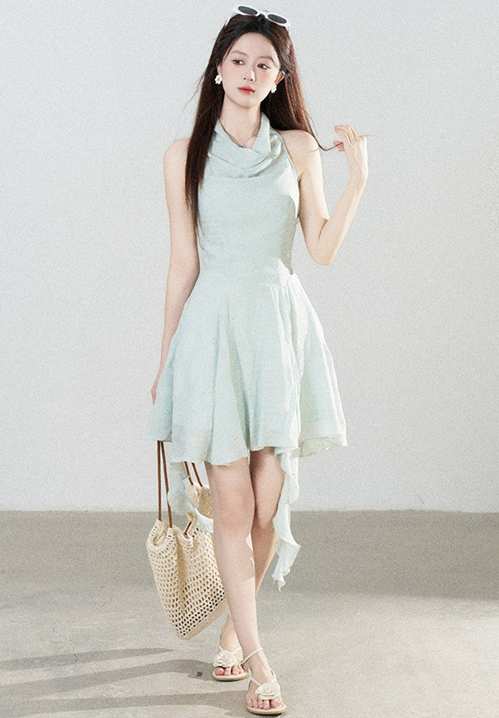 Halter Neck Sleeveless Irregular Hem Ruffle Dress