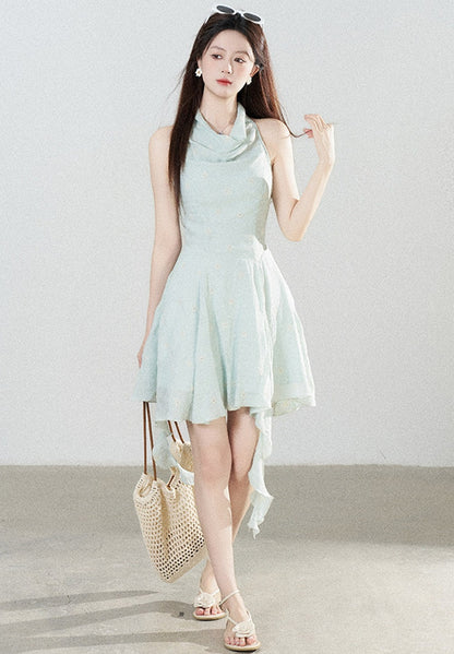 Halter Neck Sleeveless Irregular Hem Ruffle Dress
