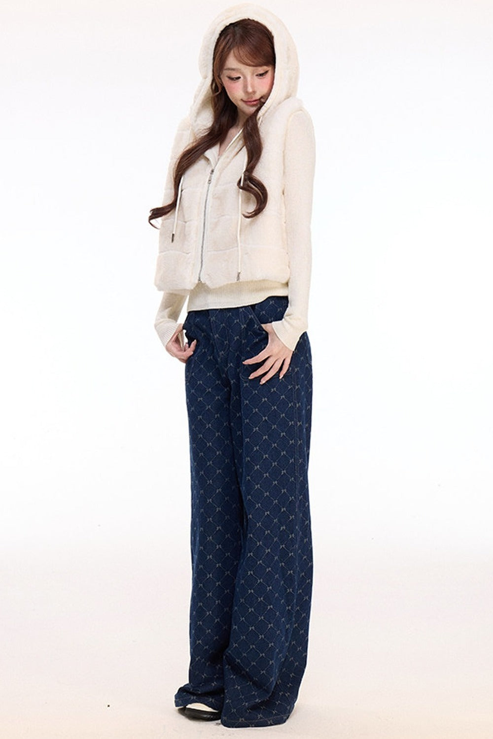 Hooded Faux Fur Vest and Wide-Leg Denim Pants Set-Up