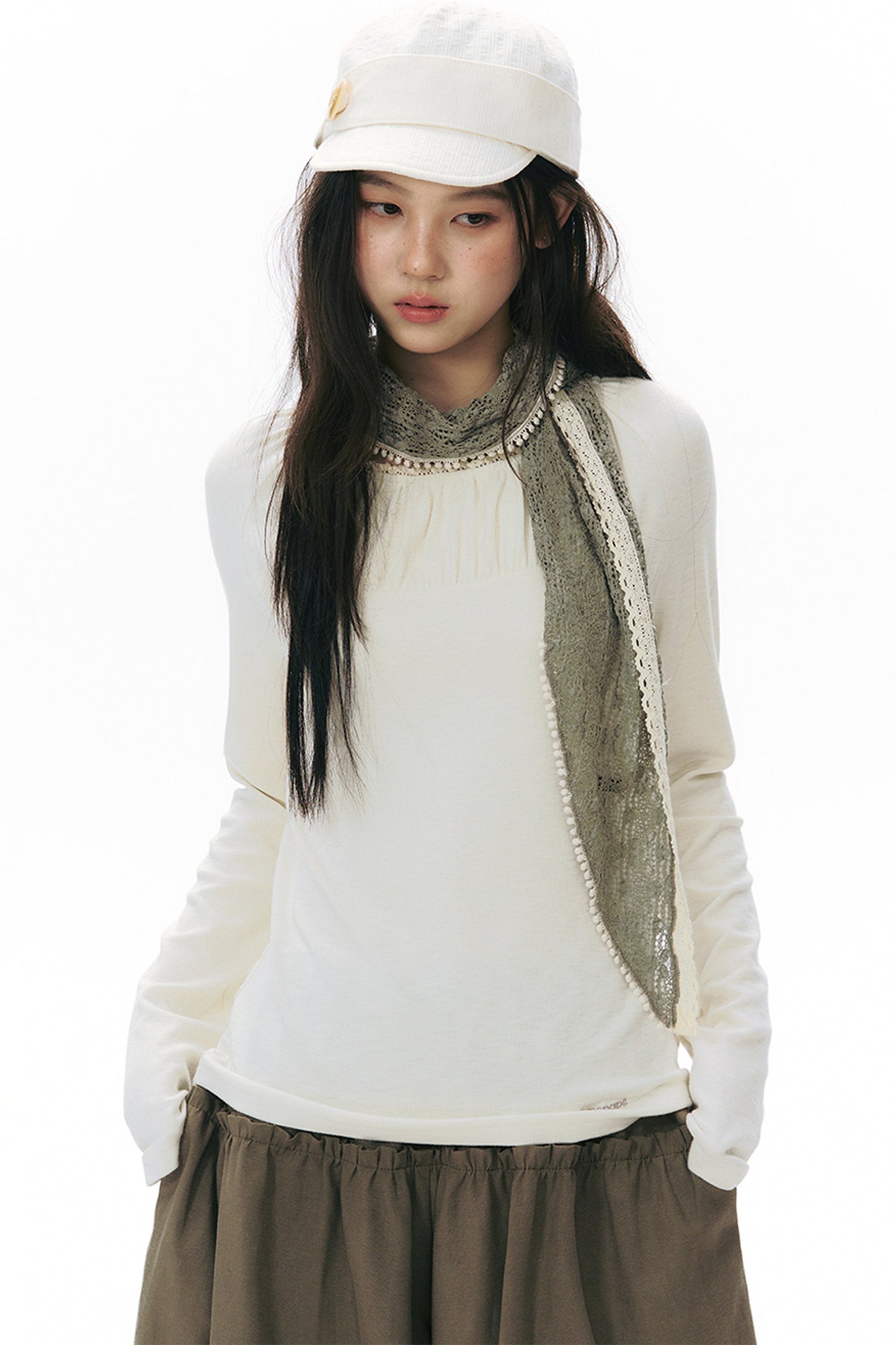 Pleated Striped Knit Base Layer Top