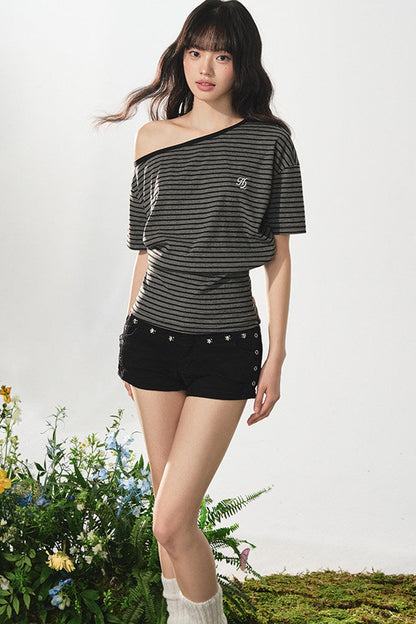 Off-Shoulder Vintage Striped Top