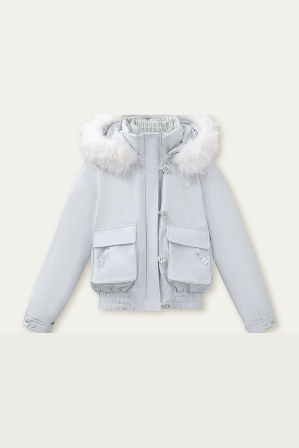 Patchwork Plaid Fur Collar Down Jacket