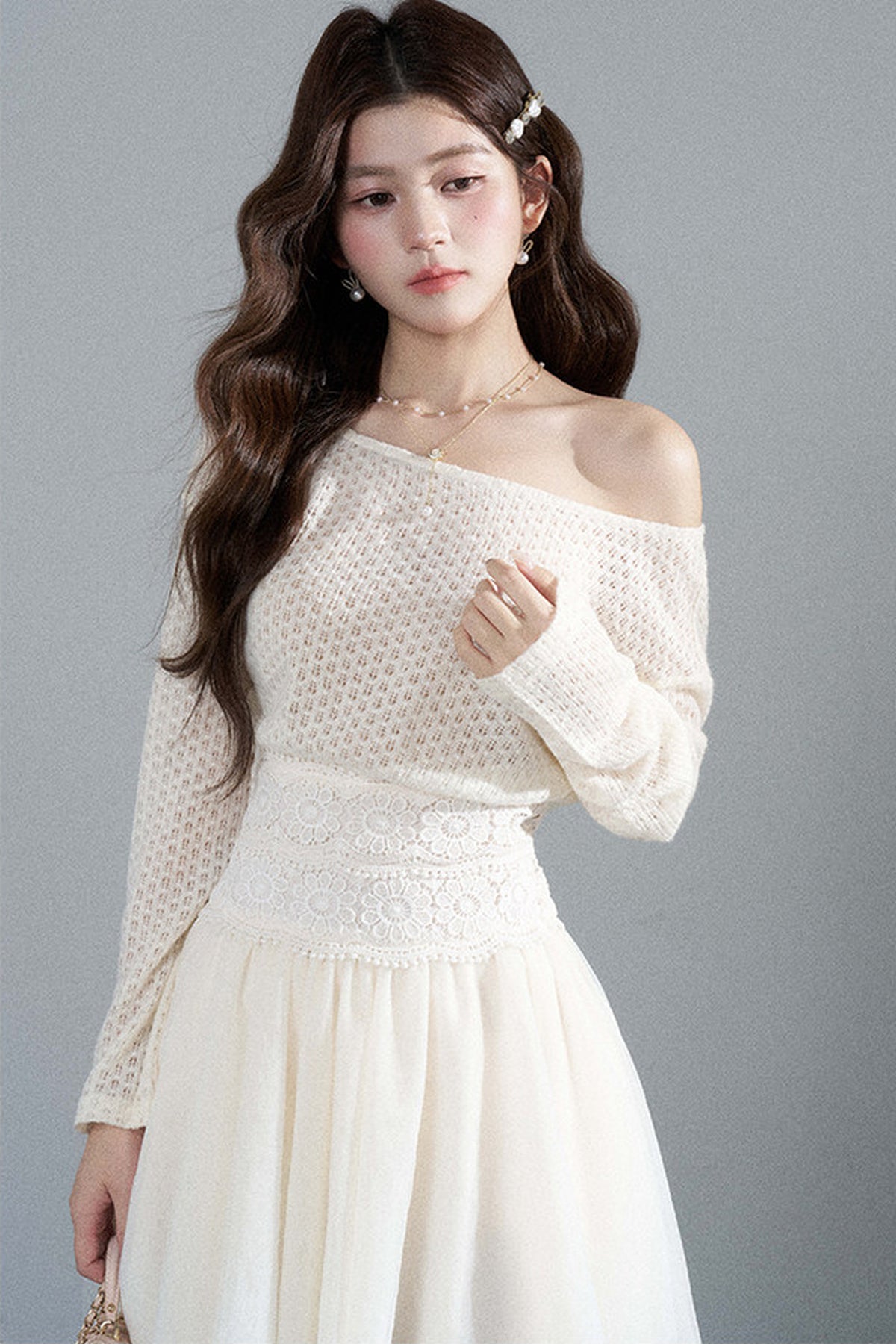 French Hollow-Out Lace Off-Shoulder Dress