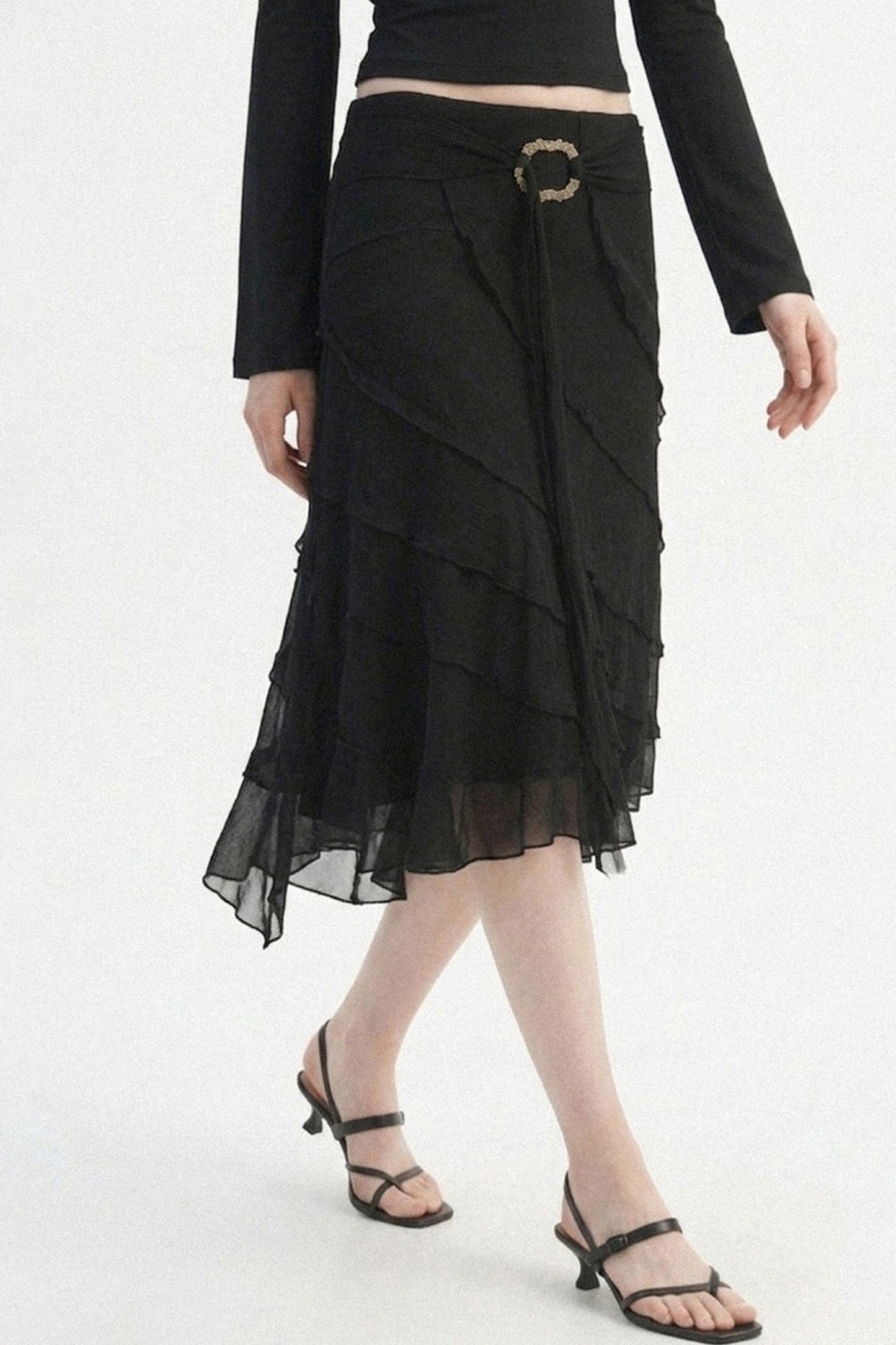 Black Metal Ring Tie Irregular Layered Tulle Skirt