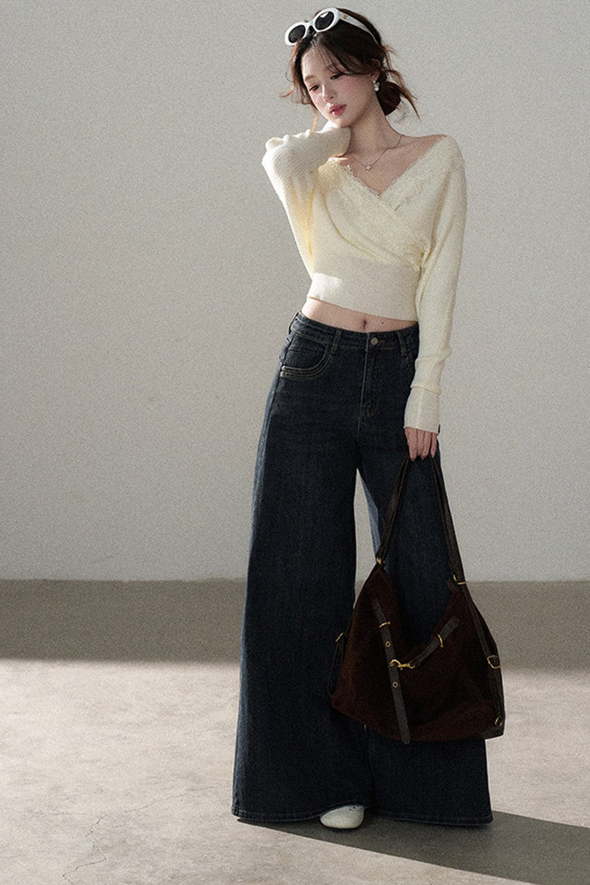 V-Neck Hollow Knit Top and Jeans Set-Up