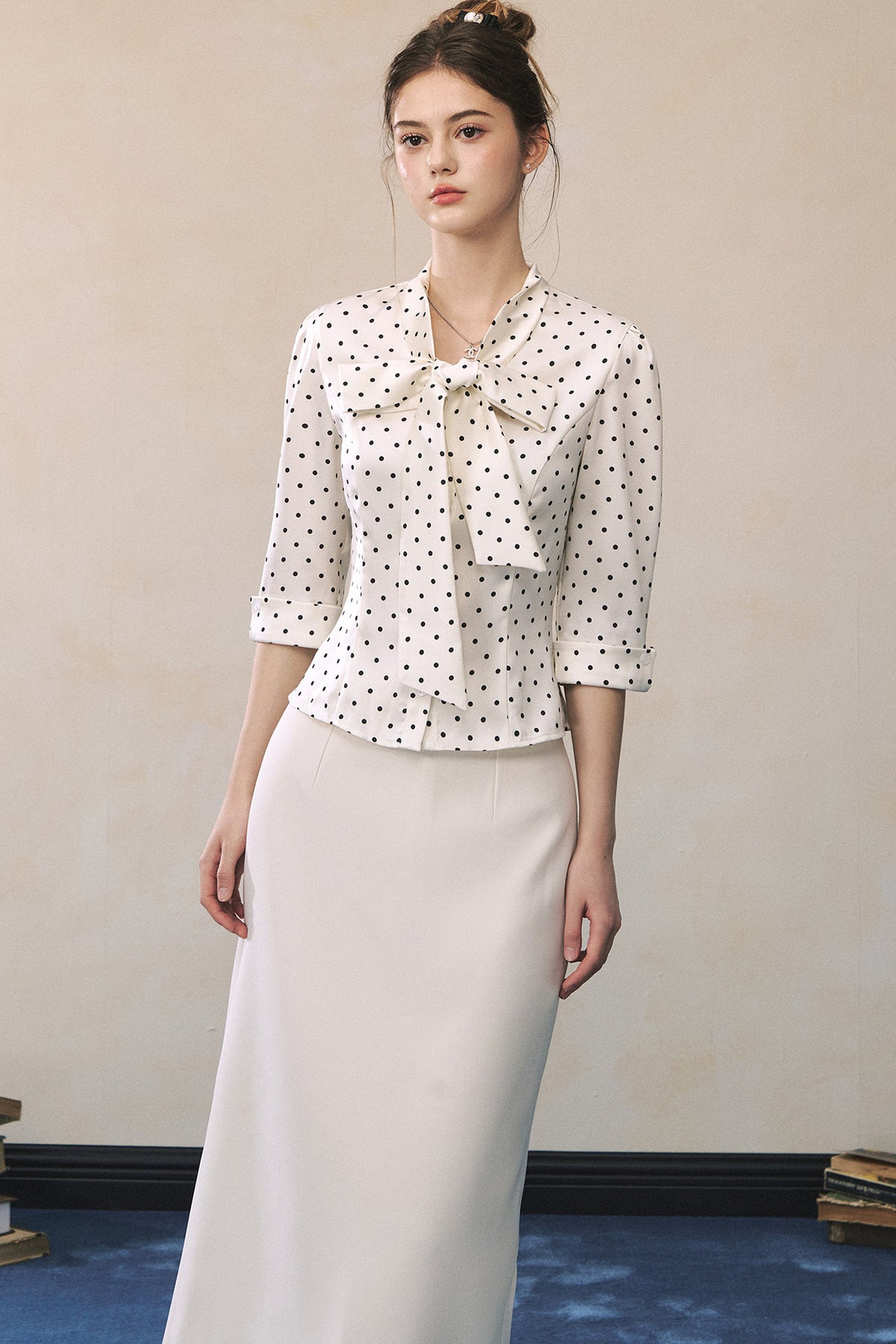 Polka Dot Satin Bow Tie Shirt and Skirt Set-UP