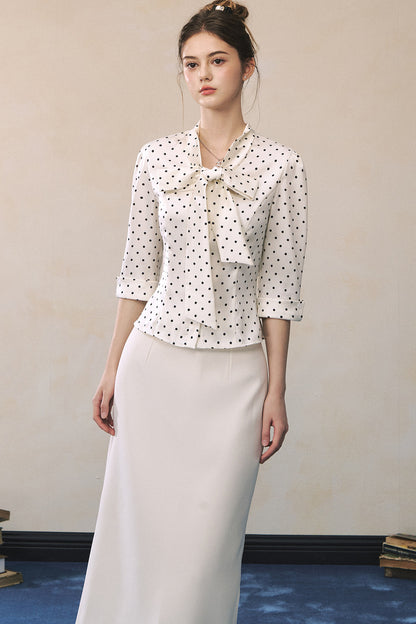Polka Dot Satin Bow Tie Shirt and Skirt Set-UP