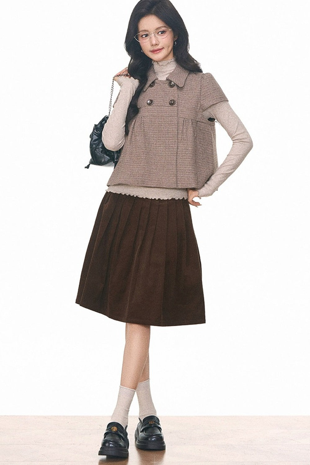 Woolen Short Sleeve Top and Corduroy Midi Skirt Set-Up