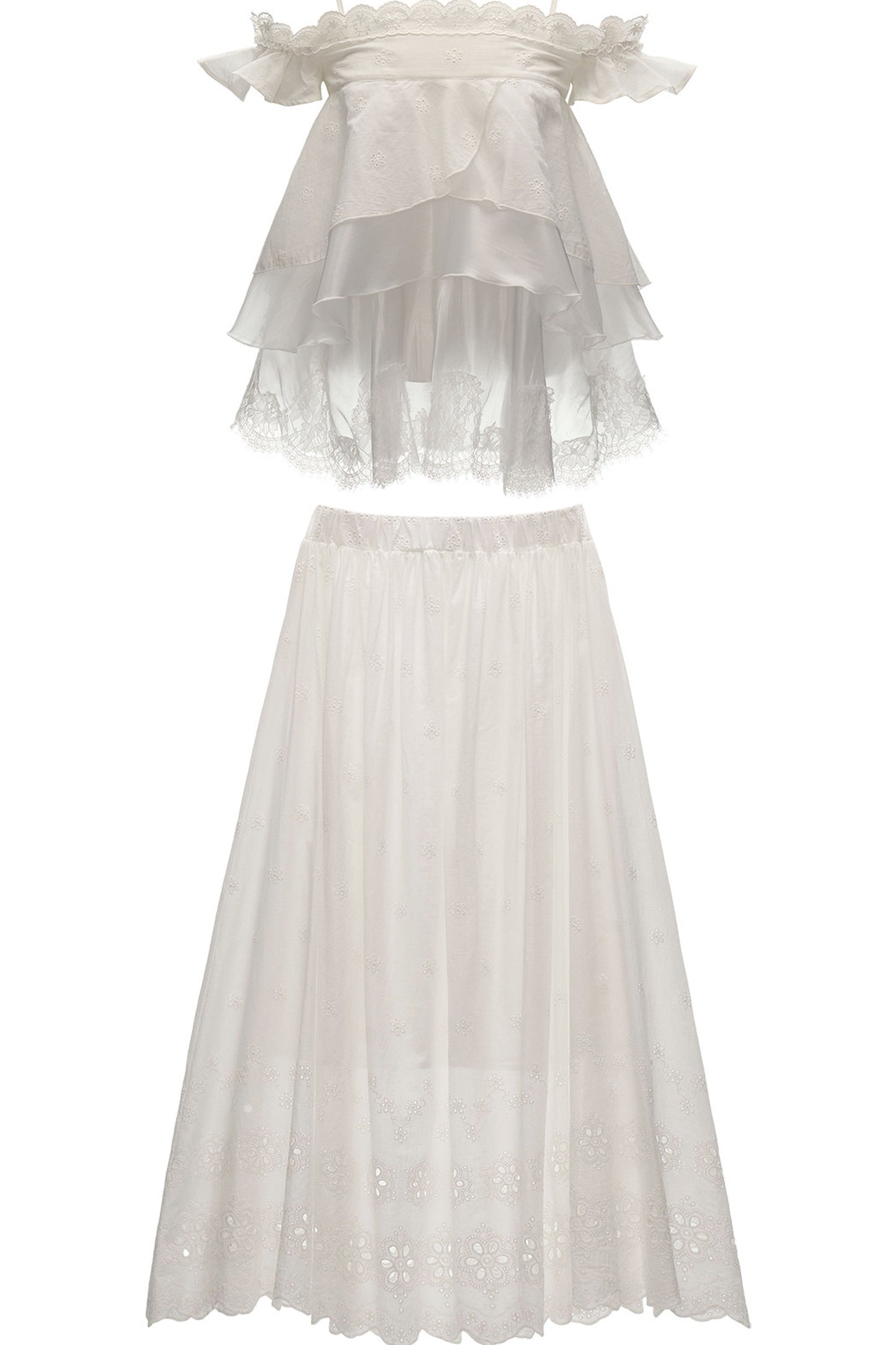 White Lace Ruffled Dress Set