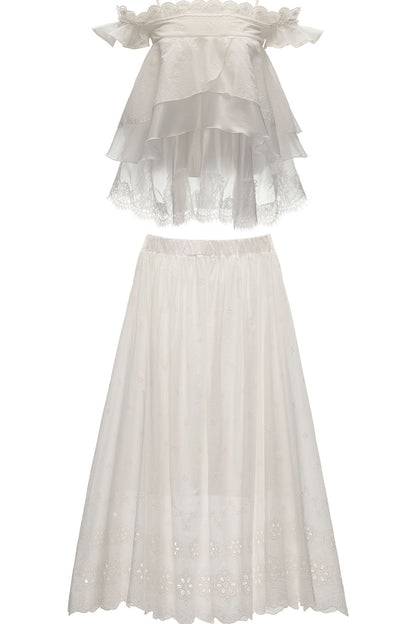 White Lace Ruffled Dress Set