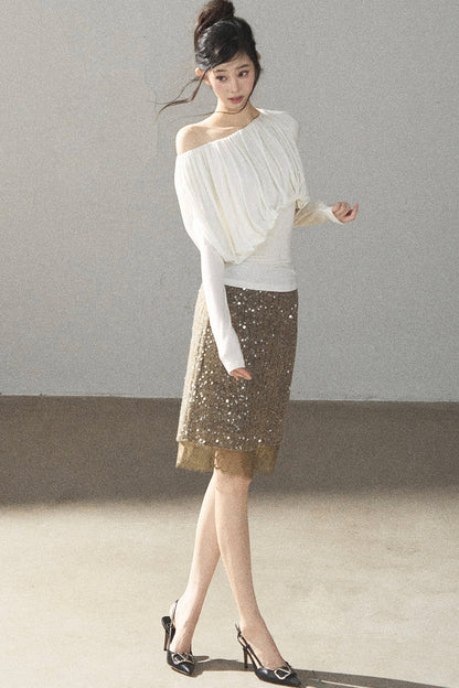 Off-Shoulder Long-Sleeve Cinched T-Shirt