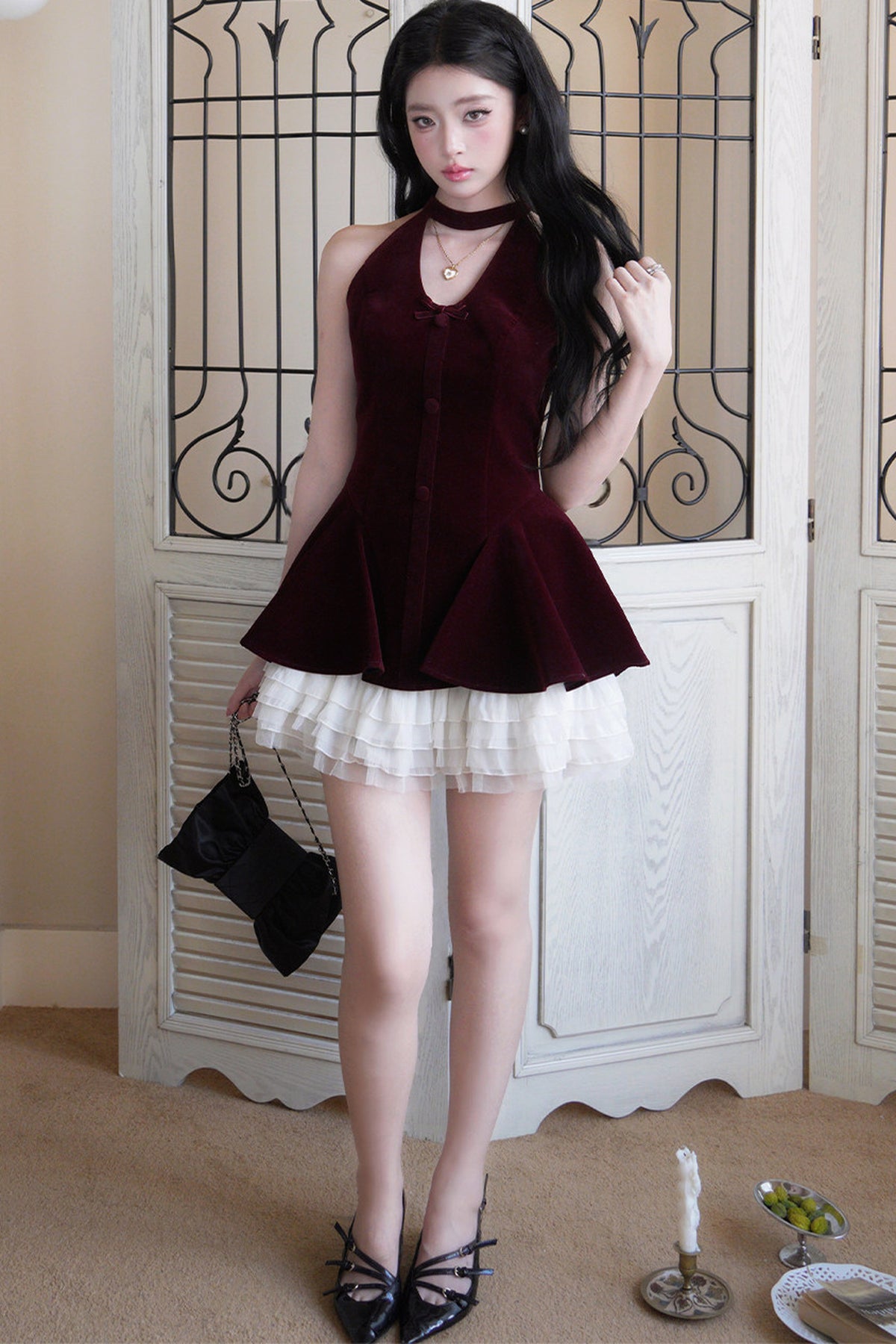Deep Red Halter Neck Puffy Dress