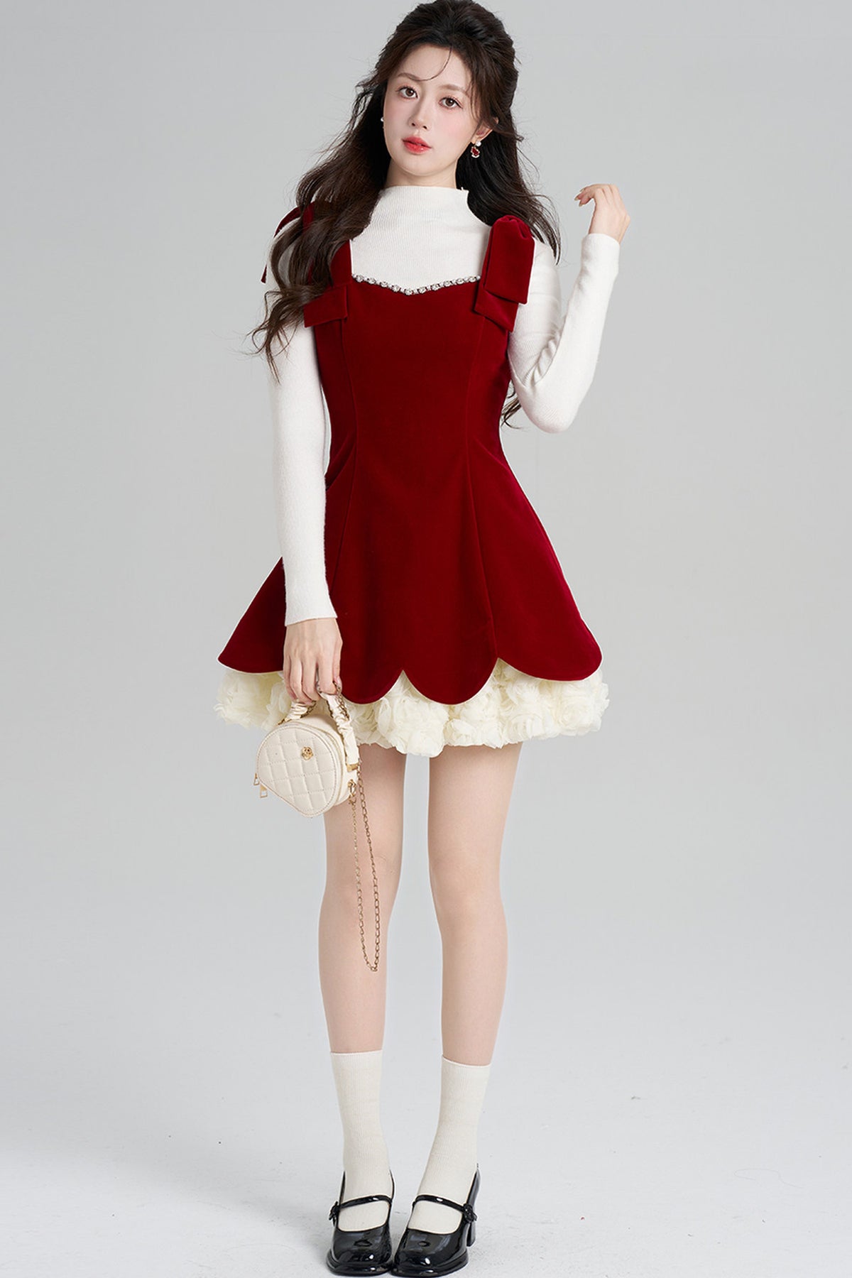 Red Velvet Dress and White Top Set-Up