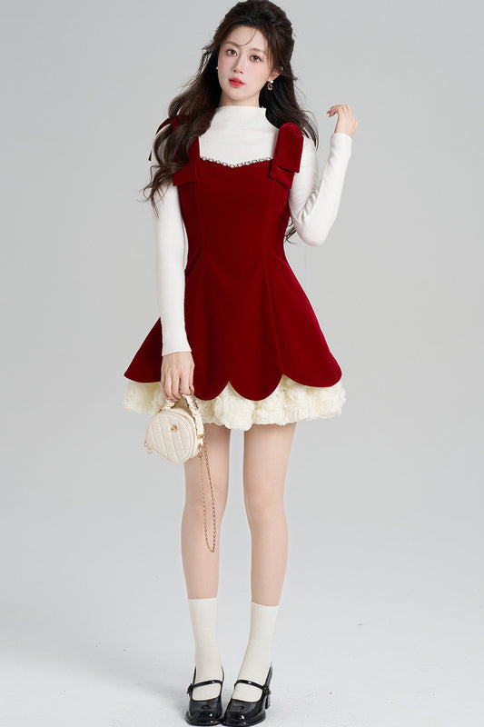 Red Velvet Dress and White Top Set-Up