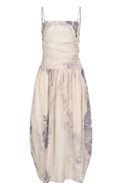 Ink Wash Plant Print Ribbon Dress
